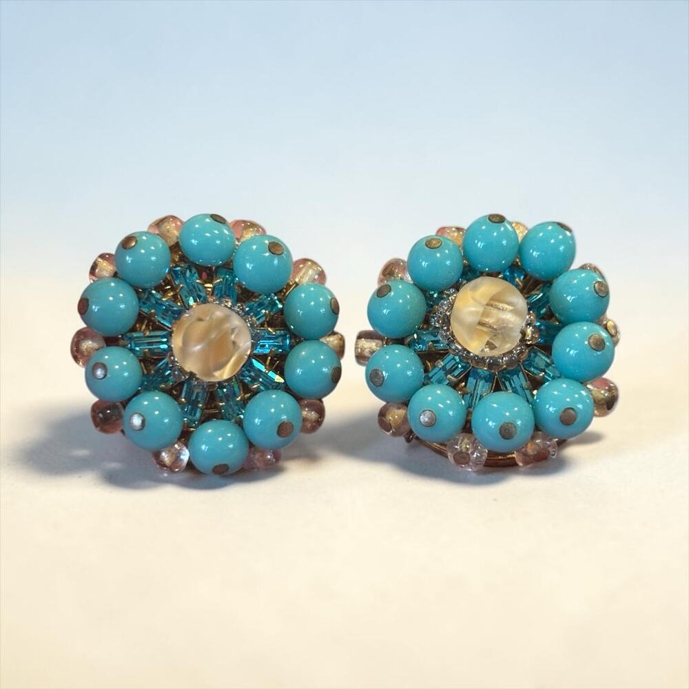 Turquoise Bead Cluster Earrings Eugene Blue Crystal Clip Ons 1950s